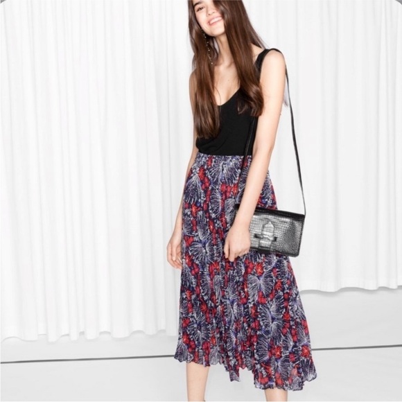 & Other Stories Navy Blue Red White Abstract Floral Pleated Midi Skirt Size 2 - Picture 1 of 16